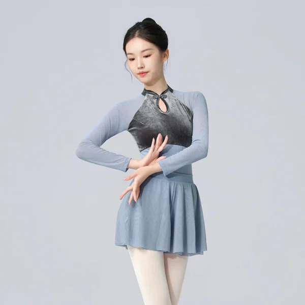 Woman Ballet Leotards Chinese Style Gymnastics Leotards Velvet Splice Long Sleeves Ballet Bodysuit Nylon Dancing Activewear - Image 4