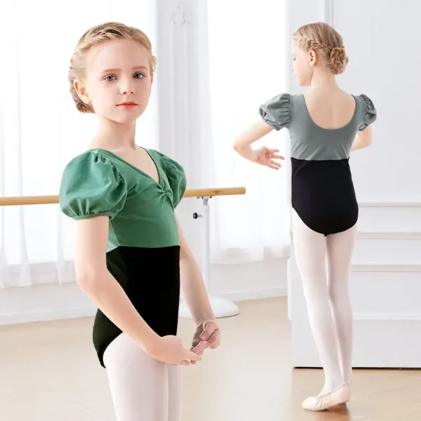 Girls Ballet Leotards Puff Sleeves Cotton Splice Gymnastics Leotard Dancing Bodysuit Dance Leotard Dancewear Kids Dance Costumes - Image 2