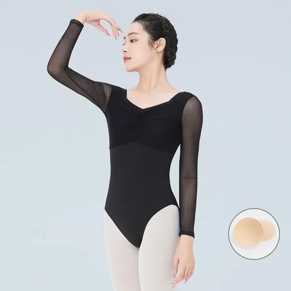 Ballet Leotards Woman Gymnastics Leotards Square Collar V Back Long Sleeves Dance Leotard Nylon Dancing Bodysuit Swimsuit Adults