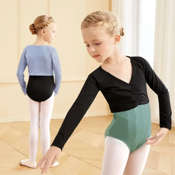 Girls' Dance Tops Shrug Long Sleeves Ballet Dance Shirt Cotton Drawstring V Neck Tops Clothes for Girls - Image 3