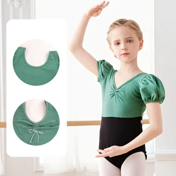 Girls Ballet Leotards Puff Sleeves Cotton Splice Gymnastics Leotard Dancing Bodysuit Dance Leotard Dancewear Kids Dance Costumes - Image 4