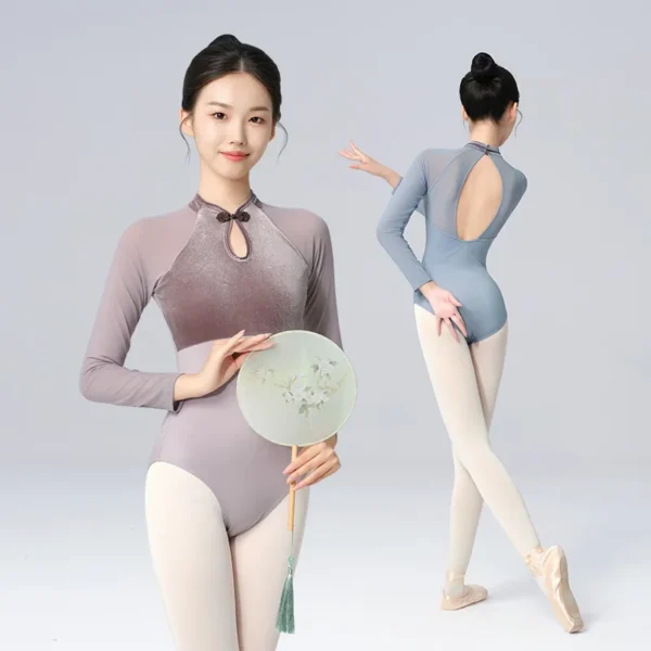 Woman Ballet Leotards Chinese Style Gymnastics Leotards Velvet Splice Long Sleeves Ballet Bodysuit Nylon Dancing Activewear