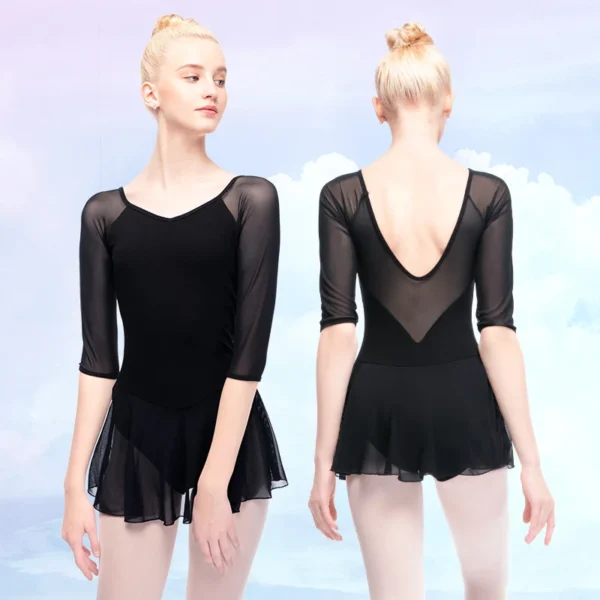 Women Ballet Leotard Dress Elastic Black Mesh Ballet Bodysuit Adult Ballet Leotard Gymnastics Leotard