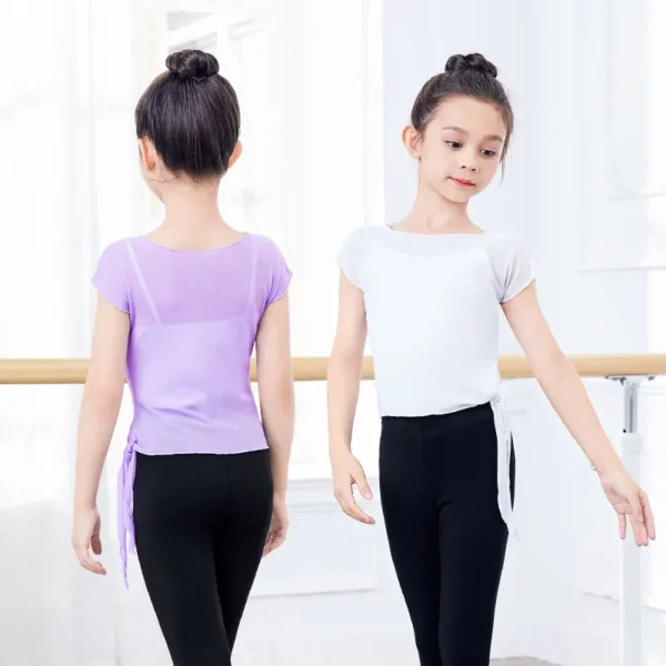 Ballet Tops Girls Dance T-shirt Tops Kids Summer Dance Clothes With Side Bandage Design Short Sleeves Mesh Nylon Tops - Image 3