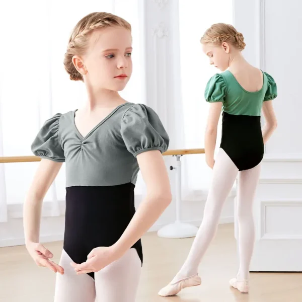 Girls Ballet Leotards Puff Sleeves Cotton Splice Gymnastics Leotard Dancing Bodysuit Dance Leotard Dancewear Kids Dance Costumes